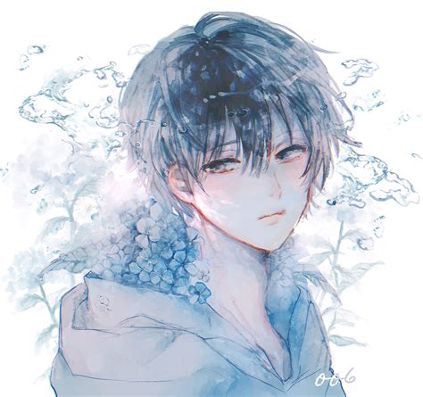 Safebooru 1boy Bangs Black Hair Blue Flower Blue Hoodie Blunt Bangs Flower Forget Me Not