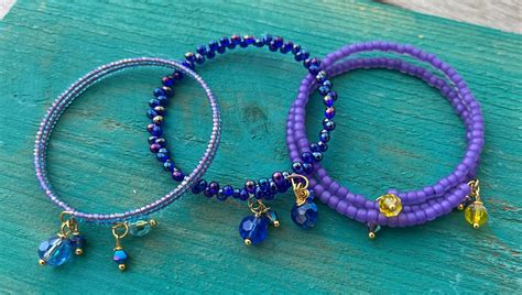 Trio Of Blue And Purple Seed Bead Memory Wire Bangles Cuffs Layering Stacking Bracelets With