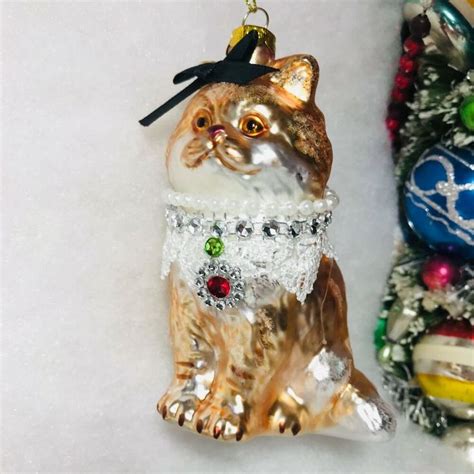 Gold Tabby Cat Christmas Tree Ornament With Rhinestone Lace Cat Christmas Ornaments Cat