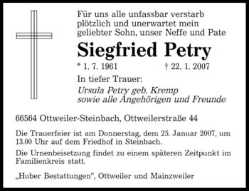 Traueranzeigen Von Siegfried Petry Saarbruecker Zeitung Trauer De