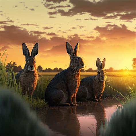 Premium AI Image A Painting Of Three Rabbits Sitting In A Field With