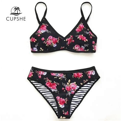 CUPSHE Floral And Stripe Reversible Bikini Sets Women Sexy Thong Two