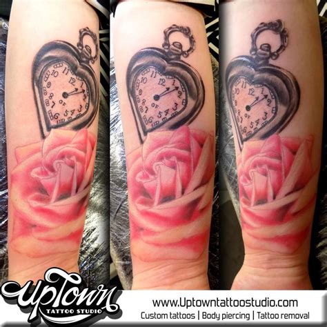 Rose And Heart Shaped Pocket Watch Tattoo By Uptowntattoostudio On