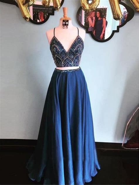 Two Pieces Royal Blue Beaded Gorgeous Prom Dresses Long Formal Dress E