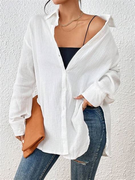 Shein Lune Solid Drop Shoulder Button Front Shirt Shein Usa