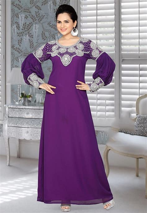 Hand Embroidered Georgette Abaya In Purple Long Sleeve Maxi Dress