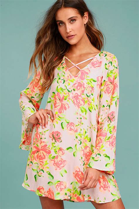 Lovely Blush Pink Dress Floral Print Dress Shift Dress Long Sleeve Dress 6900 Lulus