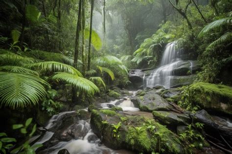 Una Cascada En El Bosque Con Helechos Y Rocas Cubiertas De Musgo