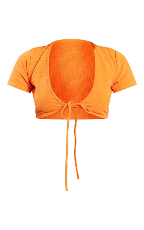 Bright Orange Textured Tie Short Sleeve Crop Top Co Ords Prettylittlething Usa