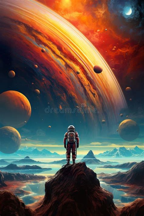 Colorful Illustration Of Astronaut In Space Suit And Helmet Exploring Alien Planet With