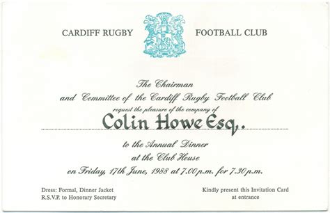 Invitation Cardiff Rfc Annual Dinner 1988 Cardiff Rugby Museum