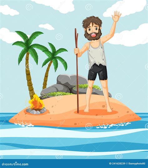 A Man On Deserted Island Isolated Stock Vector Illustration Of