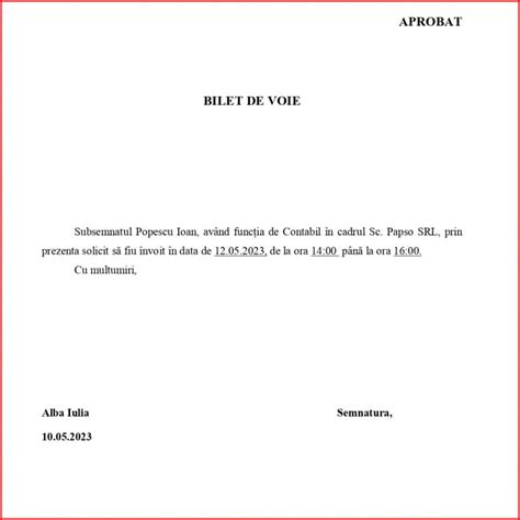 Biletul de Voie Un Document Formal pentru Absența Justificată Model