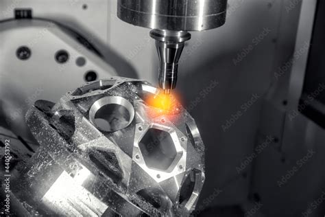 Cnc steel milling process with metal chips, industry factory background ...