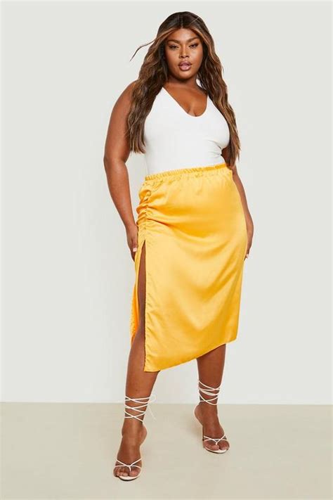 Plus Satin Ruched Midi Skirt Boohoo Uk