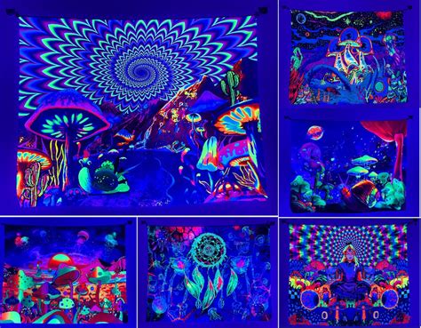 Black Light Tapestry Uv Reactive Psychedelic Mushroom Moon Starry