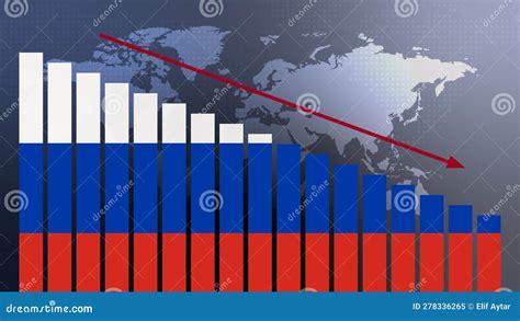 Russia Flag On Bar Chart Concept With Decreasing Values Concept Of