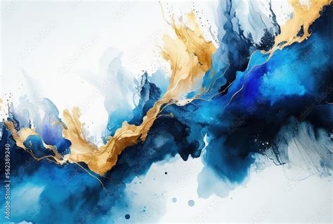 Abstract art blue and gold paint background, watercolor painting ...