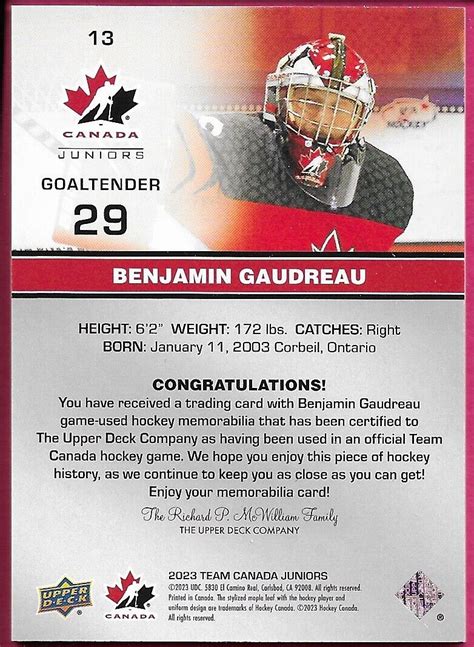 Upper Deck Ud Team Canada Juniors Jersey Cards You Pick From