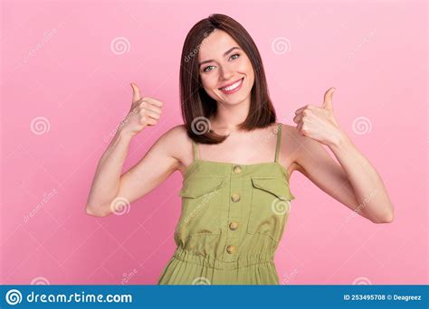 Photo Of Cute Positive Optimistic Girl Bob Hairdo Wear Khaki Overall