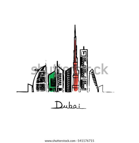 Dubai Cityscape Skyscrapers Landmarks Flag Colors Stock Vector Royalty