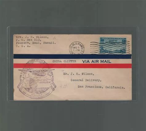 US FIRST FLIGHT Cover Pan Am Puuene Maui To SF Via Honolulu China