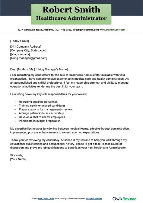 Healthcare Administrator Cover Letter Examples Qwikresume