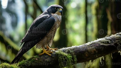 Photo Of A Peregrine Falcon Standing On A Fallen Tree Branch At Morning