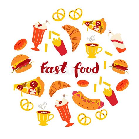 Round Frame Composition With Food Doodle Icons And Lettering Fast Food