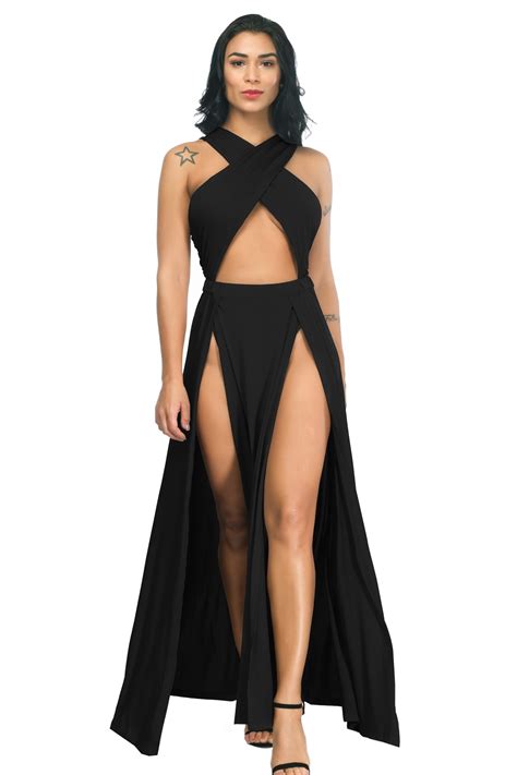 Sexy Open Front High Slit Black Stretch Silk Evening Prom Dress