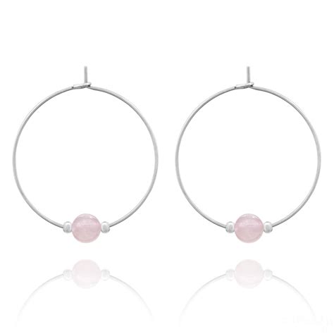 Créoles 30mm en Acier et Pierres Naturelles 6mm Quartz Rose