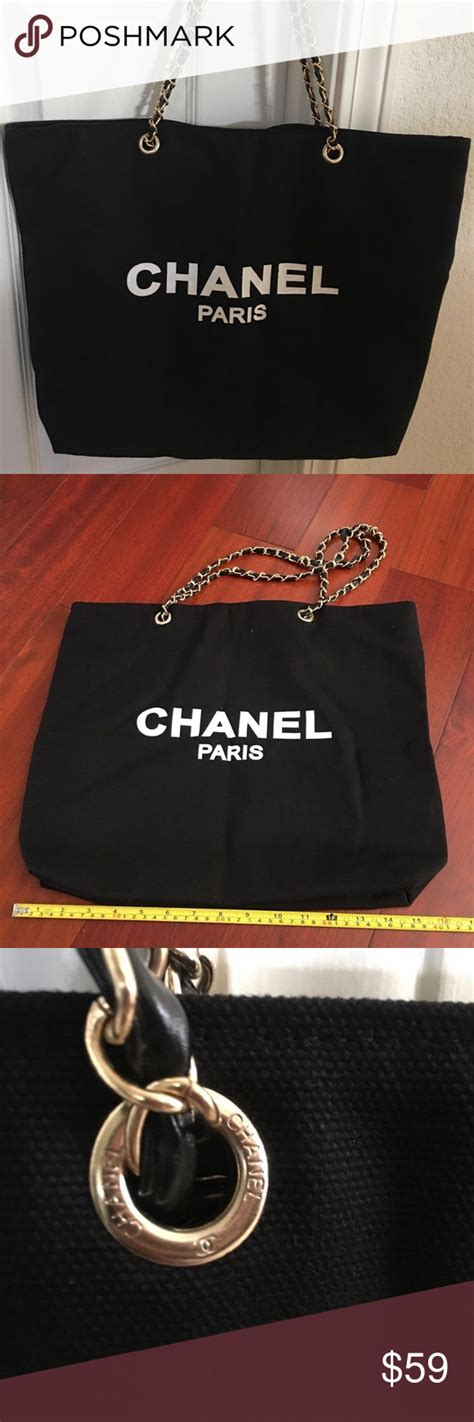 Chanel Vip T Canvas Tote Bag Gold Chain Authentic Chanel Vip Black