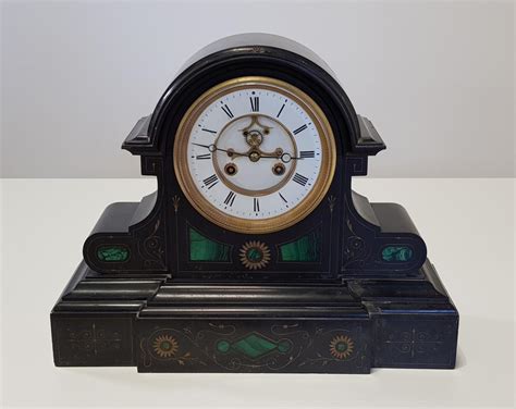 Lot Late 19th Century French Black Slate And Malachite Mantel Clock