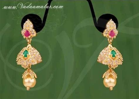 American Diamond And Ruby Emerald Stone Indian Design Jhumki