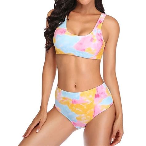 Maillot De Bain Mode F Minine Sexy Tie Dye Imprimer Taille Haute Split