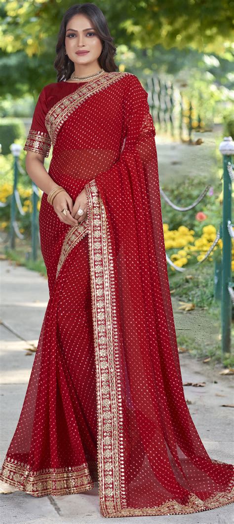 Festive Party Wear Red And Maroon Color Georgette Fabric Saree