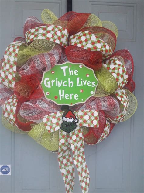 The Grinch Lives Here Christmas Wreath Red White And Green Deco Mesh