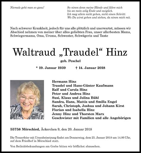 Traueranzeigen Von Waltraud Traudel Hinz Rz Trauer De