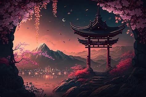 Una pintura de un paisaje japonés con una pagoda y una ciudad al fondo