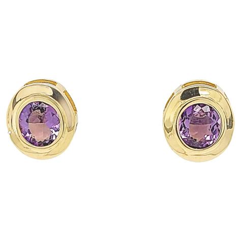 Oval Ruby Cabochons Yellow Gold Bezel Carved Amethyst Round Drops Stud