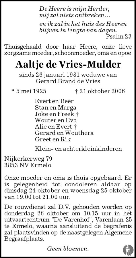 Aaltje De Vries Mulder Overlijdensbericht En Condoleances