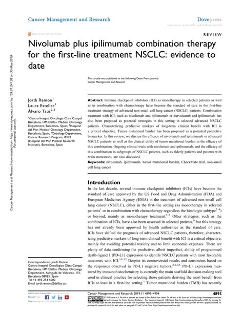 Pdf Nivolumab Plus Ipilimumab Combination Therapy For The First Line Treatment Nsclc Evidence