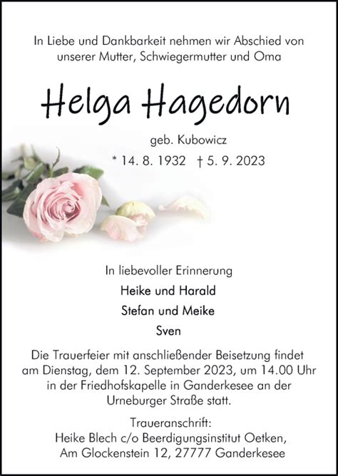 Traueranzeigen Von Helga Hagedorn Noz Trauerportal