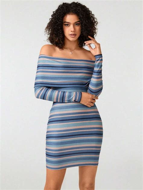 The Vault Striped Print Off Shoulder Bodycon Dress Shein Usa