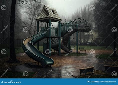 Playground With Slides And Swings Surrounded By Empty Park On A Rainy