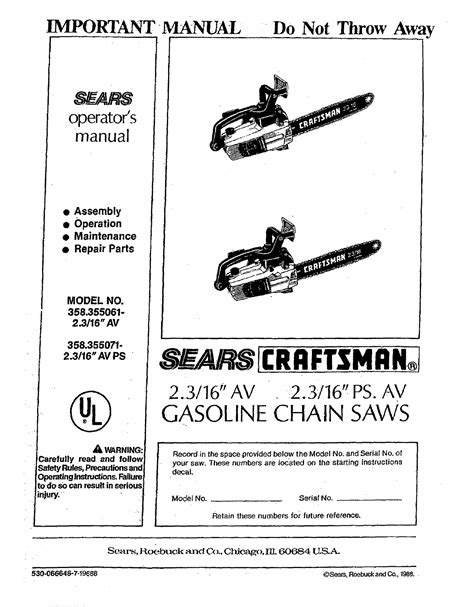 Craftsman 358355061 User Manual GASOLINE CHAIN SAWS Manuals And Guides