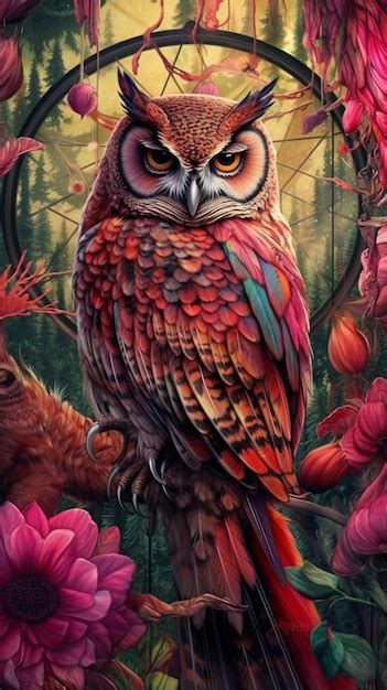 Premium AI Image | A painting of a colorful owl in a forest.