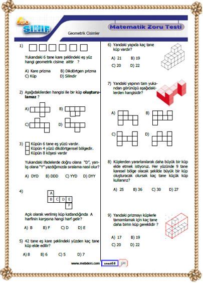 4 Sınıf Matematik Geometrik Cisimler Kazanım Testi Meb Ders