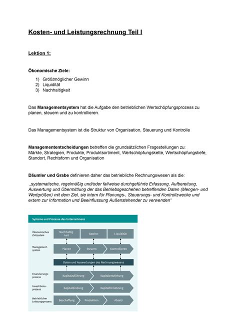 KLR I Zusammenfassung Kosten Und Leistungsrechnung Teil I Lektion 1