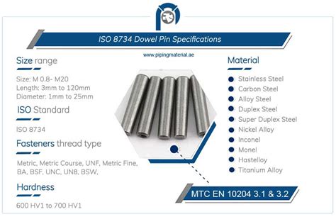 ISO 8734 Dowel Pin Dimensions Tolerance Standard And Hardness